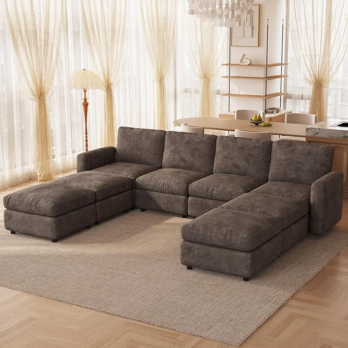 8-Seat Modular Sectional Sofa Couch with 4 Storage Ottomans, Convertible Sleeper Sofas Set for Living Room Bedroom Apartment, Recliner Velvet Comfy Furniture Couch, Brown