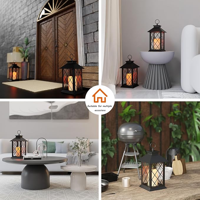 13.4" Lanterns Decorative Indoor, Black Lantern Decor with Timer Flickering Candle, Diamond-shaped Outdoor Lanterns, Waterproof Hanging Lantern for Patio, Porch, Entryway, Centerpieces, 2 Pack