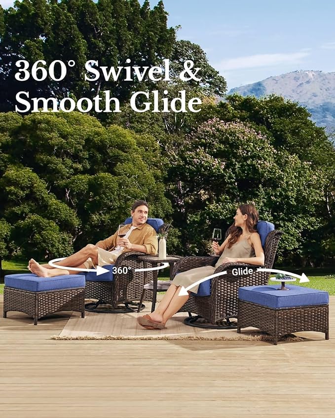 HILLGA Luxury High Back Patio Furniture Set with 6-Inch Thick Cushion, 5-Piece Outdoor Conversation Set with Loveseat, Swivel Rocker Chairs & Ottomans, Ideal for Porch Pool Deck Yard (Blue)