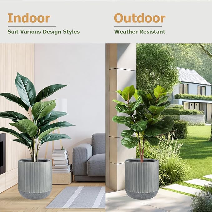 18.7" H x 16.9" D Ribbed Radius Fiberstone Round Planter with Drainage Hole, Weather Resistant for Indoor and Outdoor Use, Included 2 Extra Coco Mats (Charcoal, 15" Pot Opening)