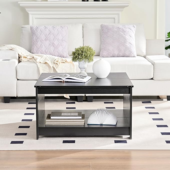 Farmhouse Coffee Table for Living Room, Wood Square Coffee Tables, 31.5" W x 31.5" D, Black