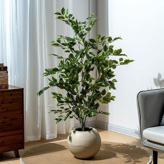 Artificial Ficus Tree Indoor 4ft, Large Potted Faux Tree with Realistic Silk Leaves & Trunk for Home Office, Living Room Corner Decor