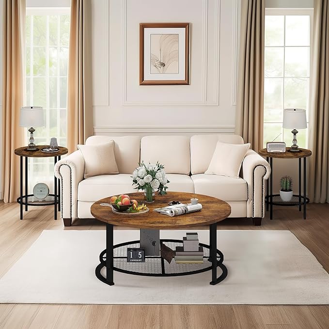 Recaceik Round Coffee Table and End Table Set of 3 with Storage, Modern Vintage Dark Brown Coffee Table and Side Table for Living Room, Office, Apartment, Small Space