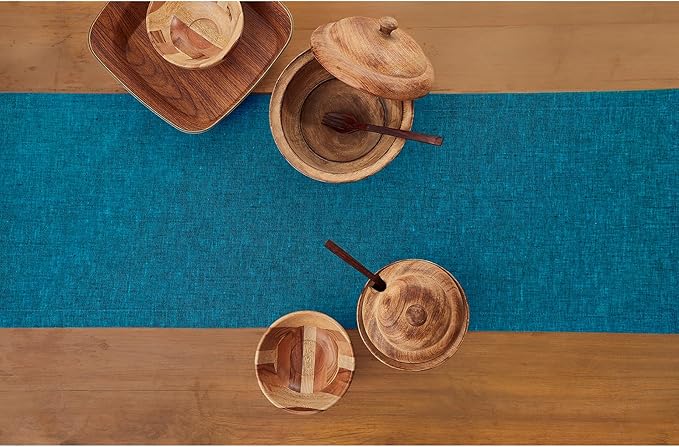 Solino Home Linen Table Runner 90 Inches Long - Athena, 100% Pure Linen Chambray Teal Table Runner 14 x 90 Inch for Dining, Fall, Autumn, Thanksgiving