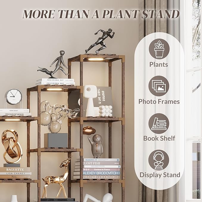 Wooden Plant Stand Indoor with Grow Light, 4-Tier Ladder Plant Shelf for Balcony, Living Room, or Corner | Carbonized Wood Plant Holder for Indoor Use, Space-Saving Design