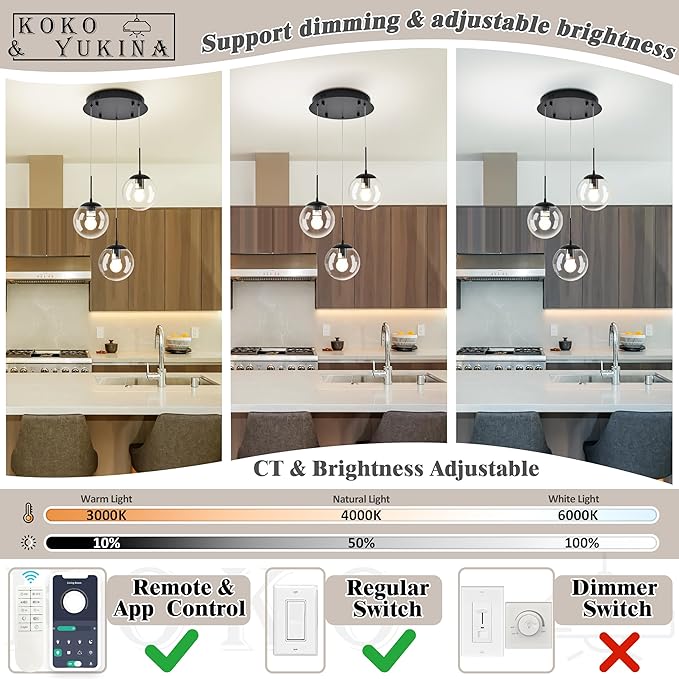 KoKo&Yukina 3-Light Globe Glass Pendant Light Modern Black Clear Globe Glass Chandelier Adjustable Length Pendant Lights Fixtures High Ceiling Light for Kitchen Island Foyer (Bulb & Remote Incl.)