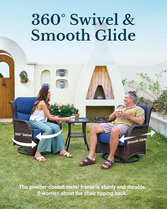 HILLGA Luxury Patio Furniture Set with 6-Inch Thick Cushions, High Back Outdoor Swivel Rocker Chairs and Ottoman, 5-Piece All Weather Conversation Set for Porch Deck Balcony Yard, Blue (V3)