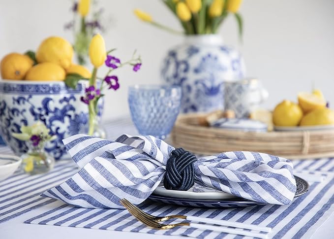 Solino Home Linen Napkins Set of 4-100% Pure Linen Amalfi Stripe Navy and White Cloth Dinner Napkins 20 x 20 Inch for Fall, Autumn, Thanksgiving, Christmas - Handcrafted and Machine Washable
