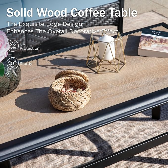 PHI VILLA Outdoor Modern Patio Furniture Set, Upgraded Wicker&Metal Patio Furniture Conversation Set with Waterproof Thick Cushions for Porch, Poolside, Deck, and Yard (5 Pieces,Blue)