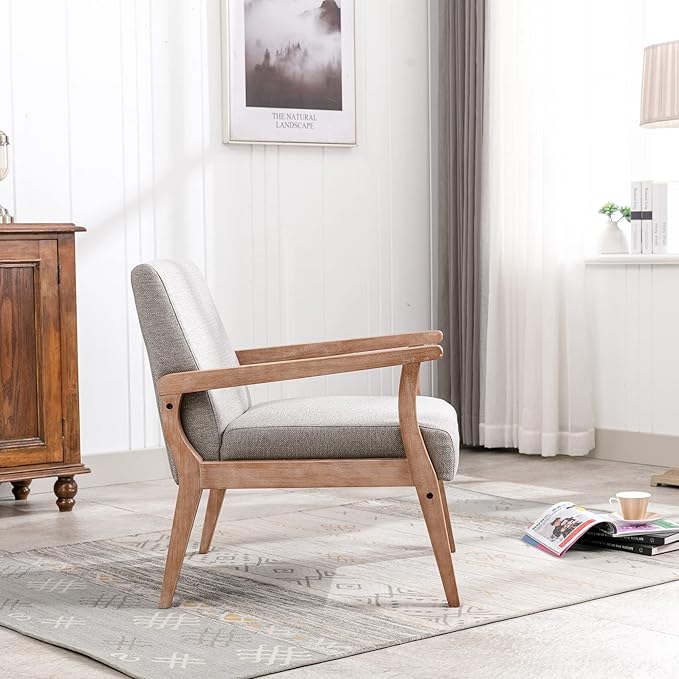 Mid Century Modern Accent Chair, Linen Upholstered Living Room Accent Armchair with Wood Frame, Farmhouse Chair for Living Room Bedroom, Gray