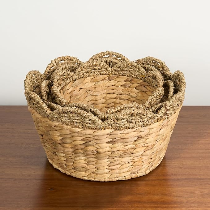 Isidore Water Hyacinth Storage Baskets, Round Woven Set of 3, Natural Brown, Multi-Use for Kitchen and Bathroom