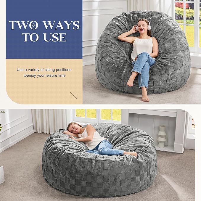 Hobestluk Bean Bag Chairs Beanbag Chair with Filler Adult Bean Bags with Fluffy Cover, Giant Bean Bag Chairs for Adults for Living Room, Bedroom (Grey, 6FT - 70" x 70" x 15")