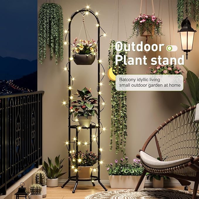 Plant Stand with Hooks Indoor Outdoor Corner Tall Plant Stand Heavy-Duty Metal 3-Tier Plant Shelf Holder Rack for Patio Garden Balcony Living Room Bedroom(circular Black)