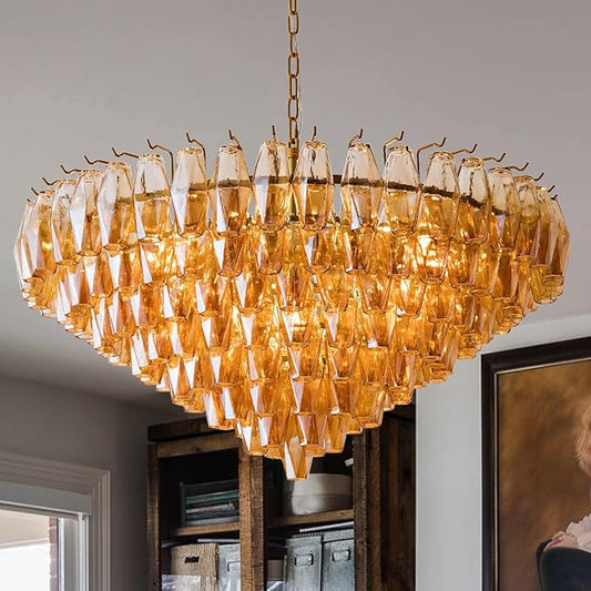 37" Extra Large Chandelier, 14-Light Gold Modern Round Chandelier for Living Room, Tiered Smoke Blown Glass Brass Chandeliers, Hanging Light Fixture for Bedroom, Dining Room, Foyer, Entryway