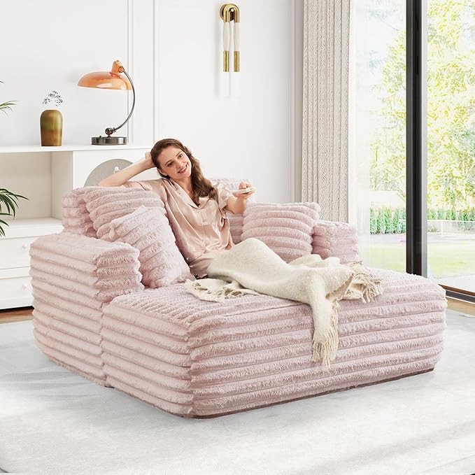 56"W Oversized Chaise Lounge Chair Indoor,Plush Faux Fur Sleeper Sofa Couch Bed with Pillows&Wide Armrest,Fluffy Comfy Cloud Sofa,Compression Foam Boneless Couch for Living Room,Bedroom(Pink)