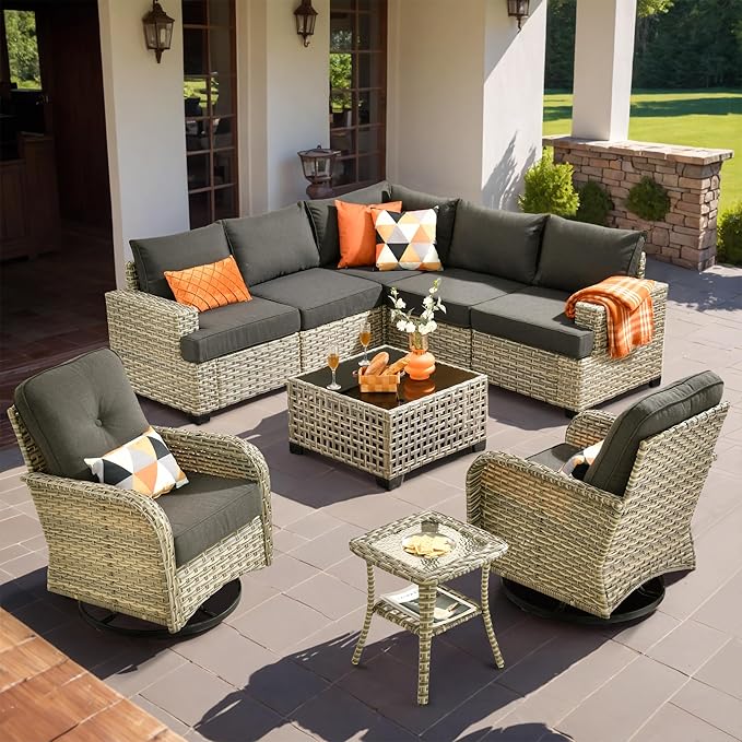 HOOOWOOO Outdoor Sectional Patio Furniture Set,9 Pieces Wicker Conversation Sets L Shaped Couch,Extra Deep Out Door Sofa Outside Furniture with Rocking Chairs,Black