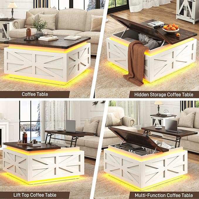 36" Farmhouse LED Lift Top Coffee Table with Storage and Power Outlets, Square Wood Living Room Tables with 2 LED Lights& Large Hidden Space, Lift Wooden Barn Door Center Table, Rustic White