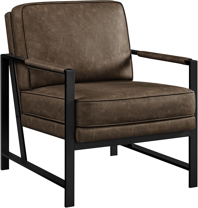Yaheetech PU Leather Armchair, Retro Leisure Accent Chair with Extra Soft Padded and Cushion, Modern Reading Arm Chair with Black Metal Frame for Living Room/Office/Bedroom/Study, Brown