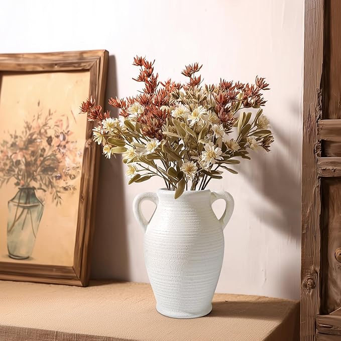 Sunddo White Ceramic Vase for Home Decor, 8 inch Farmhouse Flower Vase with 2 Handles, Rustic Boho Pottery for Room Decor Aesthetic, Bathroom Table Fireplace Decorative