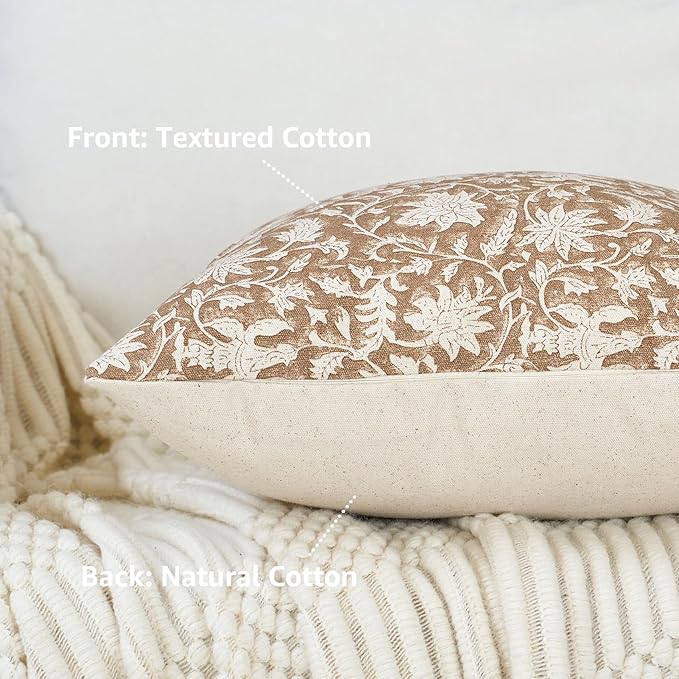 Floral Throw Pillow Covers 18x18 Farmhouse Block Print Pillow Covers Decorative Pillow Covers Couch Pillows for Living Room Vintage Accent Sofa Pillows Set of 2, Neutral