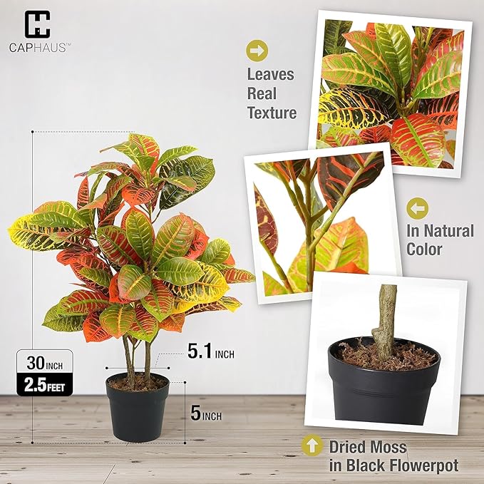 CAPHAUS 30 Inch Artificial Croton Tree Potted Plant - Realistic Faux Tropical Plant with UV Resistance, Low Maintenance Indoor Outdoor Decor for Front Porch, Patio, Houseplant