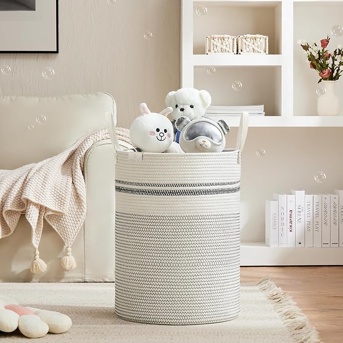 VIPOSCO Tall Laundry Basket, Large Dirty Clothes Hamper with Leather Handle, Woven Rope Storage Basket for Blanket, Toy In Living Room, Bathroom, Bedroom - 100L Stripe White