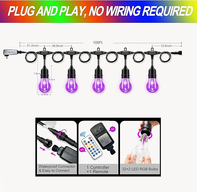 105FT Solar Outdoor String Lights, 32 Shatterproof E26 Edison LED Bulbs, Dimmable RGB Color Changing Patio Lights Waterproof with Remote. for Backyard, Garden, Party, Bistro, Cafe