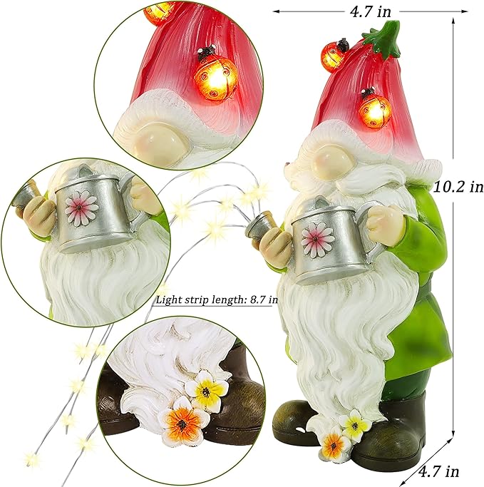 Joliyoou Solar Garden Statue Outdoor Decor, 10.2" H Resin Gnome with Watering Can & Solar Fairy Lights, Waterproof Standing Gnome Figurine for Lawn Yard Pathway Patio Front Door Decoration