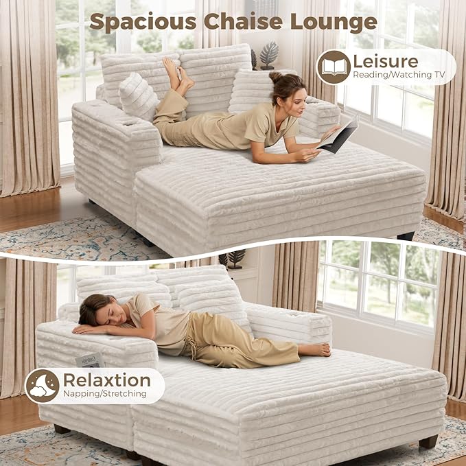 HUSFU 60'' Oversized Chaise Lounge Chair, Upholstered Sofa Bed, Sleeper Couch Reading Chairs with USB Port and Cup Holders,Comfy Cloud Sofas Couches for Living Room,Beige