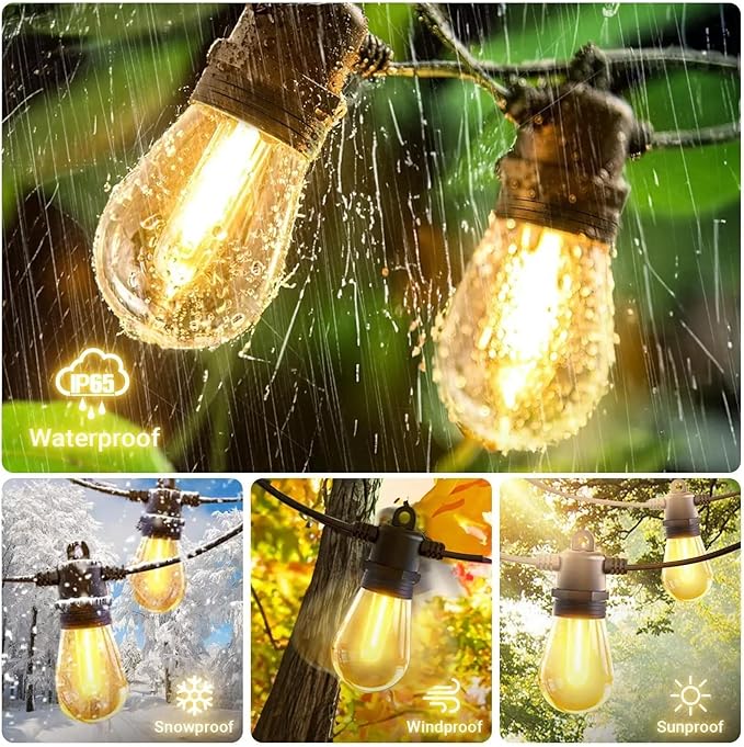 S14 LED Outdoor String Lights with Remote Control 48FT with Edison Vintage Shatterproof Bulbs and Weatherproof Lights for Balcony, Patio, Porch, Backyard (48FT 15LED w/Remote)