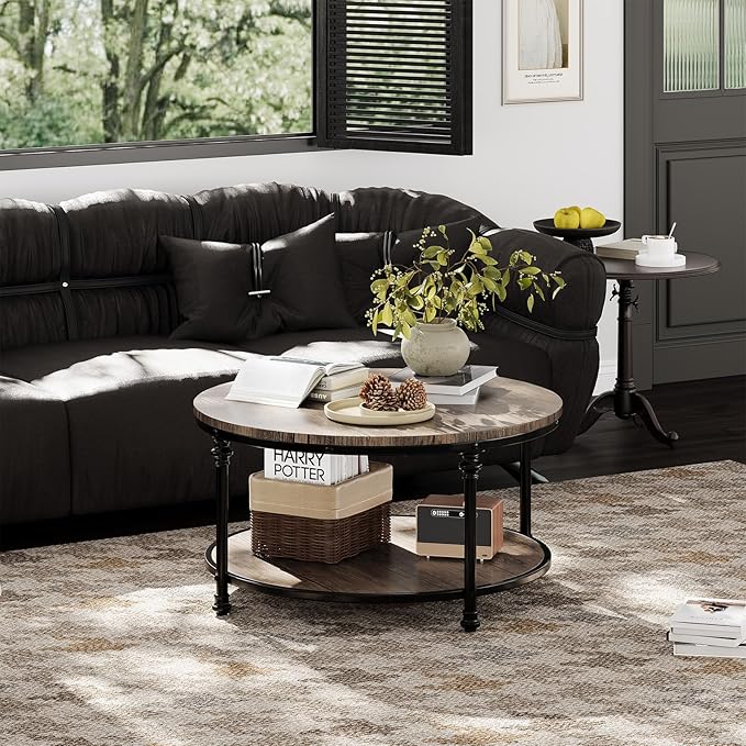 Garvee Round Coffee Table, 2 Tier Center Table with Storage for Living Room, 34.5 x 18 Inches, Wood Center Table for Living Room, Apartment, Easy to Assemble