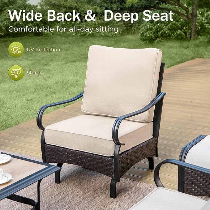 PHI VILLA Outdoor Modern Patio Furniture Set, Upgraded Wicker&Metal Patio Furniture Conversation Set with Waterproof Thick Cushions for Porch, Poolside, Deck, and Yard (5 Pieces,Beige)