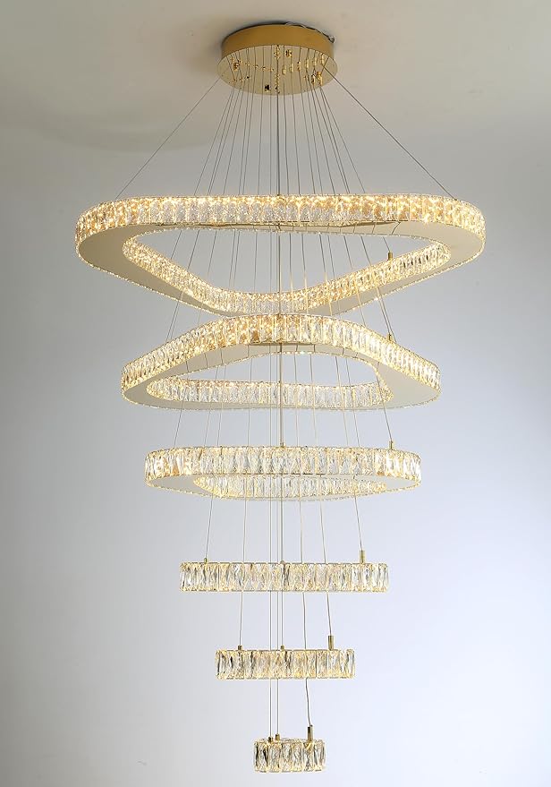 Modern Crystal Chandeliers for High Ceiling 6 Ring Chandelier LED Gold Ceilings Lights Fixtures High Ceiling Chandelier for Foyer Staircase Living Room Dining Room 2700K-6000K