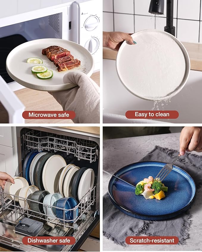 Famiware Star Dinnerware Set with Pasta Bowls, Service for 4 (16pcs), Ribbed Stoneware Plates and Bowls Dishes Sets - Chip & Scratch Resistant, Microwave & Dishwasher Safe, Matte White