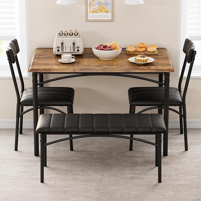 GAOMON Dining Table Set for 4, Kitchen Table with Upholstered Chairs and Bench, 4-Person Dining Room Table Set, Rectangular Kitchen Table Set for Small Space, Apartment, Home, Studio, Rustic Brown