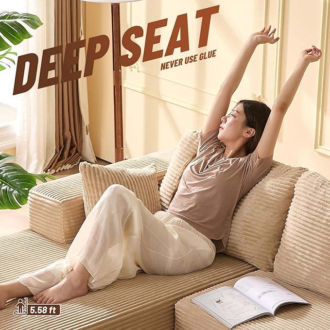 138" Boneless Couch with Deep Seat, Modular Sectional Sofa, Cloud Sectional Couch for Living Room, No Assembly Required, Corduroy, 4 Seater L-Shape Left, Camel