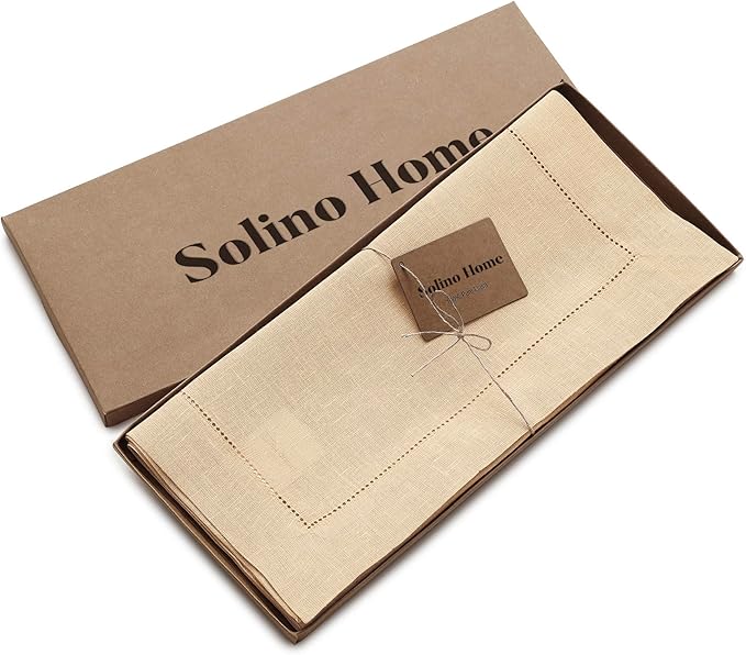 Solino Home Linen Beige Table Runner 108 Inches Long - 100% Pure Linen 14 x 108 Inch Table Runner for Fall, Autumn, Thanksgiving, Christmas - Classic Hemstitch