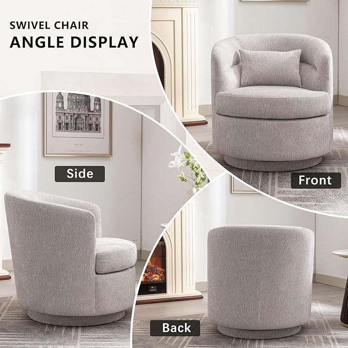 CANMOV Swivel Accent Chair Set of 2, 360 Degree Round Swivel Barrel Chair with Pillow, Upholstered Comfy Barrel Armchair Single Club Sofa Chair for Living Room,Bedroom, Reading Room, (Grey*2)