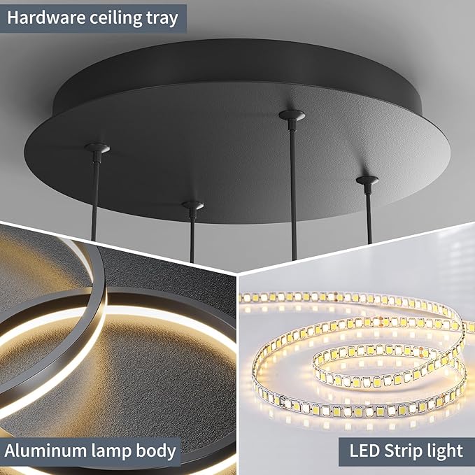 Modern LED Chandelier Light, 4 Ring Black Pendant Lighting Fixture, Adjustable Hanging Ceiling Lamp for Dining Room, Kitchen Island, Entryway, Living Room, Dimmable Dining Light Over Table