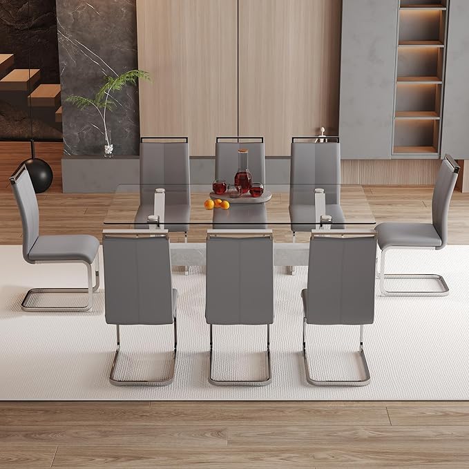 9 Piece Glass Dining Table Set, Kitchen Table Chairs Set for 8, 71'' Dining Table with 0.4" Tempered Glass Tabletop with Plated Metal Legs and MDF Crossbar, 8 PU Chairs for Dining Room, Kitchen.