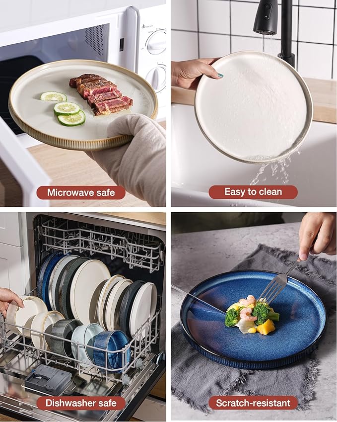 Famiware Star Dinnerware Set with Pasta Bowls, Service for 4 (16pcs), Ribbed Stoneware Plates and Bowls Dishes Sets - Chip & Scratch Resistant, Microwave & Dishwasher Safe, Cappuccino White