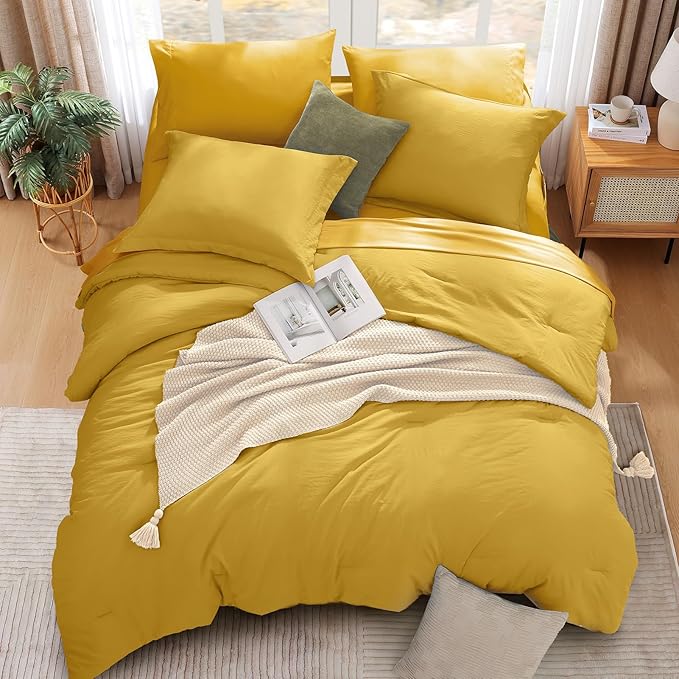 WRENSONGE Queen Comforter Set- 7 Pieces Soft Yellow Bed in a Bag Queen with Fitted Sheet, Flat Sheet, 2 Shams, and 2 Pillowcases- Warm Bedding Sets for All Season