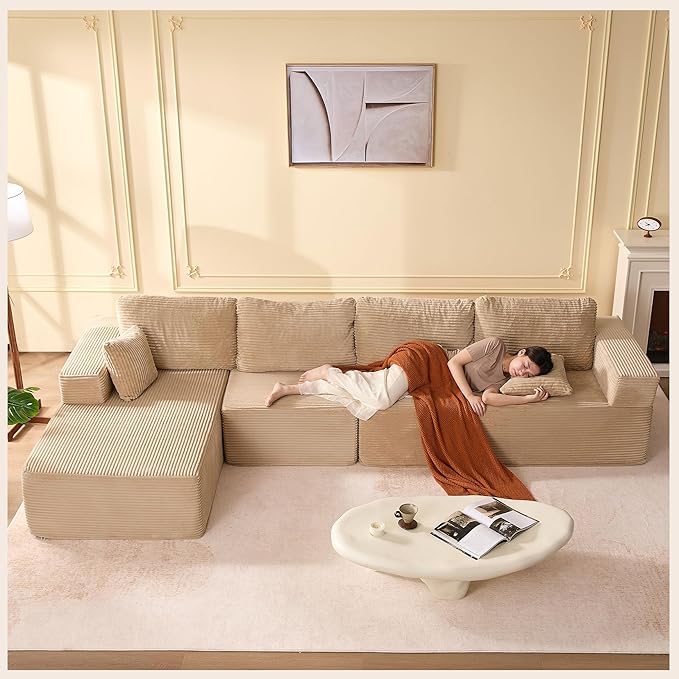 138" Boneless Couch with Deep Seat, Modular Sectional Sofa, Cloud Sectional Couch for Living Room, No Assembly Required, Corduroy, 4 Seater L-Shape Left, Camel