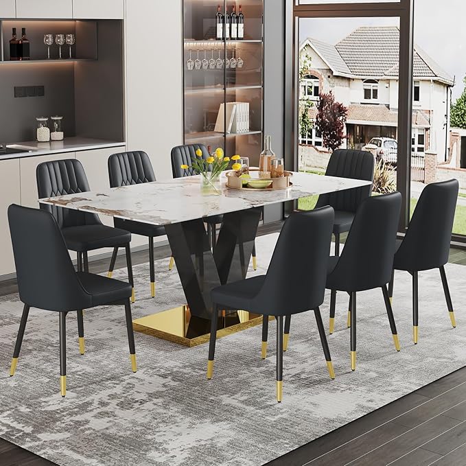 71'' Dining Table Set for 8,Marble Dining Table Set,Modern Kitchen Table with 8 PU Leather Chairs,Gold Dining Room Table Set with V-Shaped Black Glossy Pillars,Ideal for Kitchen Dining Room