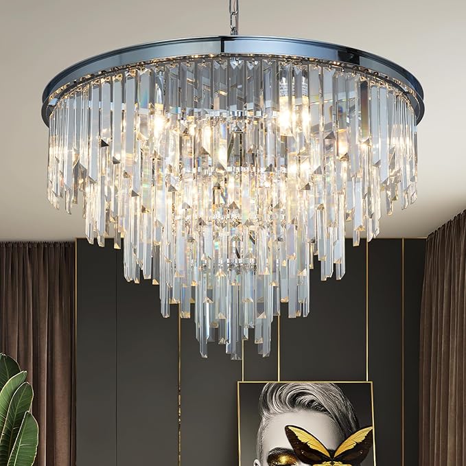 Chrome Top K9 Crystal Chandelier Modern Lighting Fixture, 16 Lights Round K9 Crystal Adjustable Hanging Lamp for Dining Room Bedroom Living Room,Hallway,Bar,Kitchen W31''