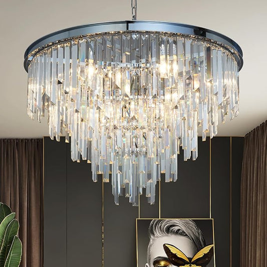 Chrome Top K9 Crystal Chandelier Modern Lighting Fixture, 16 Lights Round K9 Crystal Adjustable Hanging Lamp for Dining Room Bedroom Living Room,Hallway,Bar,Kitchen W31''