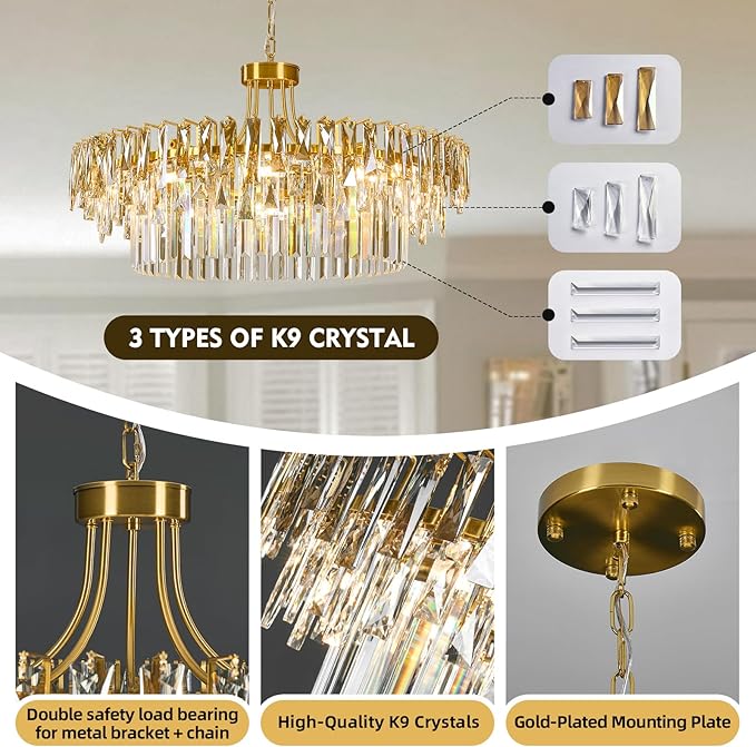 Modern Large Round Crystal Chandelier - 31.5'' Luxury K9 Crystals Chandeliers for Dining room,3 Tier Raindrop Chandelier for Living room,Gold Contemporary Light Fixture for Bedroom Foyer Kitchen