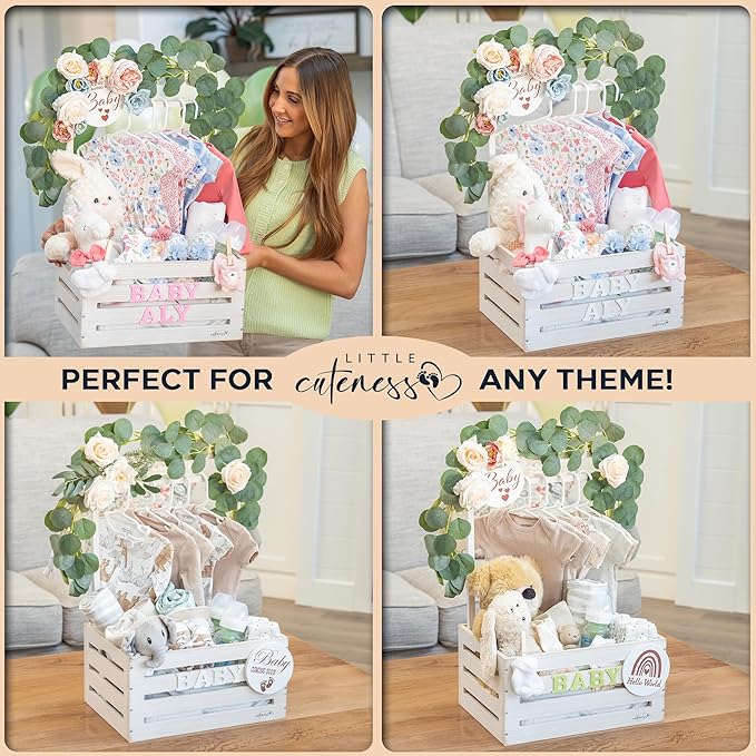 Wooden Crate Closet - Customizable Wooden Crate Box with Dual Rod System, Personalized Baby Basket Alphabet Letters, Easy Assembly Baby Baskets (Rustic White)