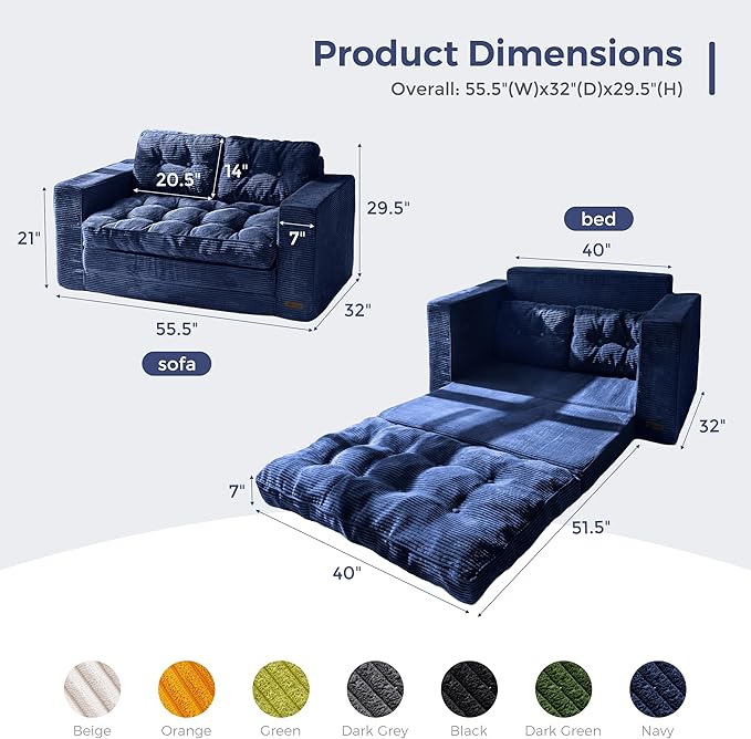 MAXYOYO Convertible Sofa Bed, Pull Out Loveseat Sleeper Sofa, 2 in 1 Folding Couch Bed, Fold Out Floor Couch with Pillows for Living Room Bedroom Lounge, Navy
