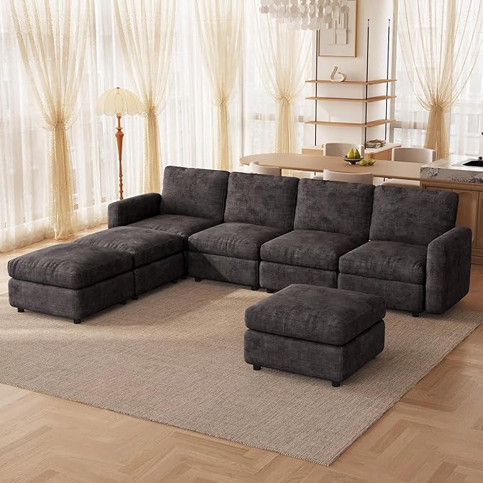4-Seat Modular Sectional Sofa with 3 Storage Ottomans, Oversized Deep L-Shaped Couch for Living Room, Grey Velvet Family Sofa Set, Modern Apartment Loveseat Sleeper with Extra Comfy Seating